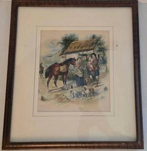 Vintage R. Stuart Framed Print - Rural Village Scene with Horse & Family