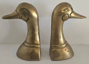 MCM Brass Duck Bookends - Set of 2 Vintage Twin-Neck Duck Sculptures