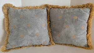 Lot of 2 Decorative Pillows - Grey Brushed Faux Suede with Gold Embroidery