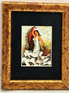 Framed Miniature Painting - Woman in White Flamenco Dress Dancer