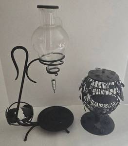 Vintage Etched Glass Wine Aerator Dispenser with Black Metal Cork Cage