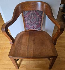 Vintage Bankers Wood Armchair with Tapestry Back Panel & Nailhead Trim