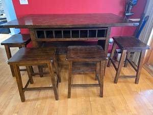 High-Top Table With 4 Wood Stools - Dark Walnut Finish, Built-In Cubby Storage