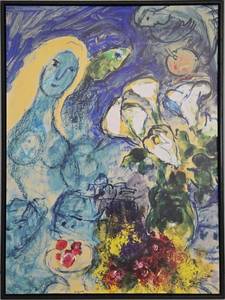 Marc Chagall Reproduction - The Woman and the Roses (The Vase and the Woman) Framed Canvas Print