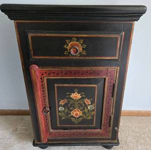 Antique Hand-Painted Black & Red Floral Cabinet with Top Drawer