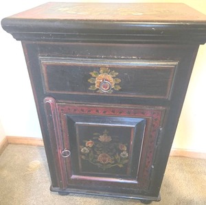 Antique Hand-Painted Black & Red Floral Cabinet with Top Drawer