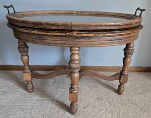 Vintage Oval Coffee Table with Glass Serving Tray - Carved Turned Legs