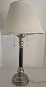 Brushed Nickel Base with Black Column Table Lamp - Off White Fabric Shade