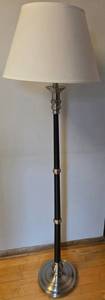 Brushed Nickel Floor Lamp with Black Column and Beige Fabric Shade