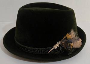 Vintage ANTON PESCHEL Dark Green Fedora Hat with Feather Corsage - Juster Bros Minneapolis