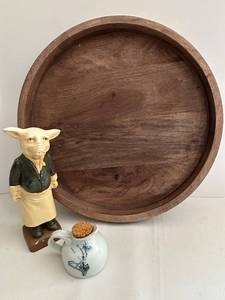 Wood Turn Tray 18 inch Diameter - Resin Pig Statue 11 inch Tall - Pottery Pour (Artist Signed)