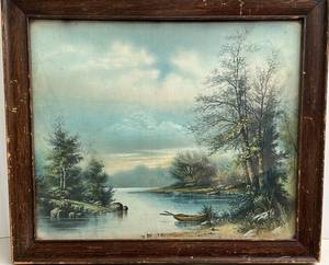 Old Cabin Print in Antique Frame - Water Row Boat Scene, 20x17