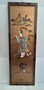 Oriental Sculpted Bone Panel Painting - 12 x 36 in, 37.5 in overall height with ornate hanger