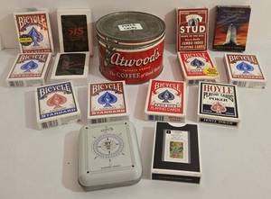 14 Decks of Playing Cards & Poker Chips in Vintage Atwoods Coffee Tin