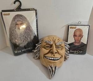 3 Costume Accessories The Purge Uncle Sam Mask, Spirit Wise Wizard Wig, & Bald Cap