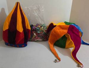 2 Colorful Jester Hats with Mardi Gras Beads