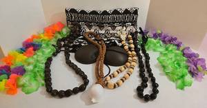 Hawaiian & Fijian Costume Accessories - Tapa Fabric Wrap, 4 Leis, Coconut Bra, Kukui Necklaces