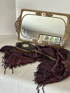 Vintage Hand Mirror with Cloisonn Medallions & Floral Inlay - 17 x 9 in