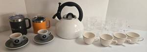 KitchenAid Whistling Kettle with Assorted Mugs, 6 Glass Mugs, 4 Ceramic Cups & 2 Travel Mugs