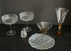 Etched Crystal Glassware Set - Amber Stemware, Salt Shaker & Leaf Plate