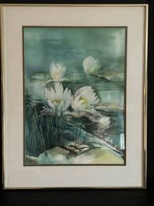 Original Watercolor - White Water Lilies on Pond, Framed 22 14 x 28 14 in