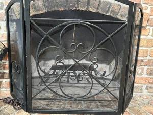 Black Iron Fireplace Screen - Medallion Center Design, 36 in W x 31 in H