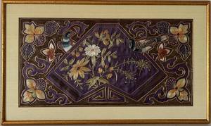Rare Chinese Gold-Thread Silk Embroidery Panel - Birds & Flowers, Framed