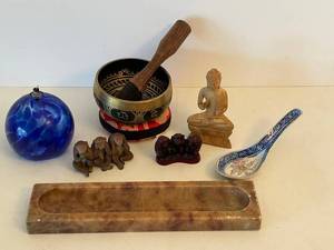 Asian Buddhist Decor Set Artisan Glass oil Lamp, Singing Bowl, Buddha Statue, Porcelain Spoon, Monkey Figures, Alabaster Trinket Tray