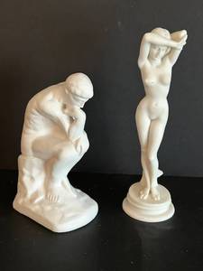 Thinker Reproduction Chalkware & Greek Venus Nude Figurine, Alabaster (Lot of 2) 9 12 in Tall