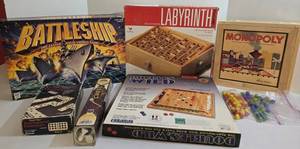 6 Vintage Board Games Lot Battleship, Labyrinth, Monopoly, Doubles Wild, Tournament Dominoes, 32-Piece Chess