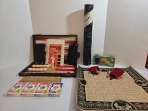 Vintage Board Game Set Backgammon, Cribbage, Pente, Poker Chips, & New Decks of Playing Cards