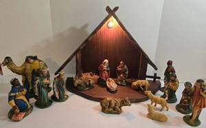 Nativity Set - Chalkware & Paper Mache Figures with Lighted Wooden Creche