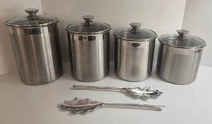 4 CALIDAD Stainless Steel Canister Set (3 Qt, 3.5 Qt, 4 Qt, 5 Qt) & Leaf-Shaped Salad Tongs