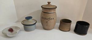 Artisan Ceramic Lot - Wild Rice Jar with Lid - Minute Egg Maker wLid, Spoon Rest & 2 Cups