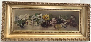Antique Oil Painting on Board Panoramic Pansies in Gold Gilt Frame - 30 in W x 13.5 in H