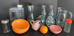 Fiesta Orange Bistro Bowls & Niloak Pink Pitcher Vintage Large Glassware Lot