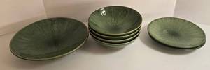 Lynns Green Bamboo Pottery Dinnerware - Platter, 2 Small Plates & 4 Bowls (7-Piece)