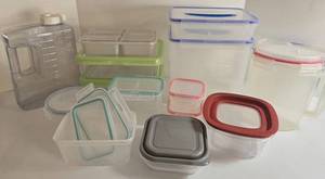 Lot of Plastic Food Storage Containers with Color-Lid Sets and Water Jug