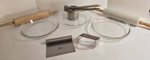 Glass Bakeware Lot 3 Pie Plates, Potato Ricer, 2 Rolling Pins, Bench Scraper, Pastry Blender