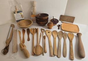 Wooden Kitchen Utensils - Assorted Spoons, Spatulas, Bowls & Bamboo Skewers & More