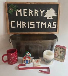 Merry Christmas Wood Sign, Metal Tub, Misc. Holiday Decor Bundle