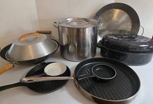 Cookware Set - All-Clad Stainless Stock Pot with Lid & Speckled Enamel Roaster & Grill Pan & Wok
