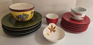 Assorted Ceramic Dinnerware Plates, Bowls & Leaf Spoon Rest