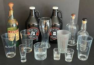 Barware Collection Shot Glasses & Toppling Goliath Growlers (2)  Leroux Brandy Bottle & Assorted Glassware