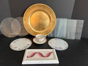 Upsala-Ekeby Tea Cup & Saucer, Dansk Tivoli Trivets (Lot of 3), Gold Charger Plate, Needlepoint Picture
