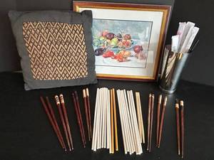 Asian Feel Home Decor Lot Includes Wooden Chopsticks Assorted Set in Stainless Steel Cup
