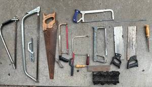 Vintage woodworking saws and frame tools - hacksaws, frame saws, mitre boxes
