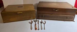 Two Vintage NAKENS Wooden Silverware Chest Boxes with Lined Interiors and 6 Spoons