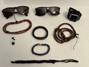 Revo Polarized Sunglasses, Banana Republic Sunglasses, Fitbit Watch, Wooden Bead Necklace, Leather Bracelet