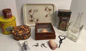 Vintage Tins & Decor Lot - Pinecone TV Tray, Wall Hooks, Seashell Shadowbox